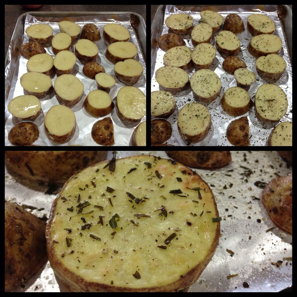Slice potatoes into inch-thick sections. Place in a large bowl & drizzle with olive oil. Place on cookie sheet lined with foil (easy cleanup), then sprinkle with sea salt, pepper, rosemary, & thyme.