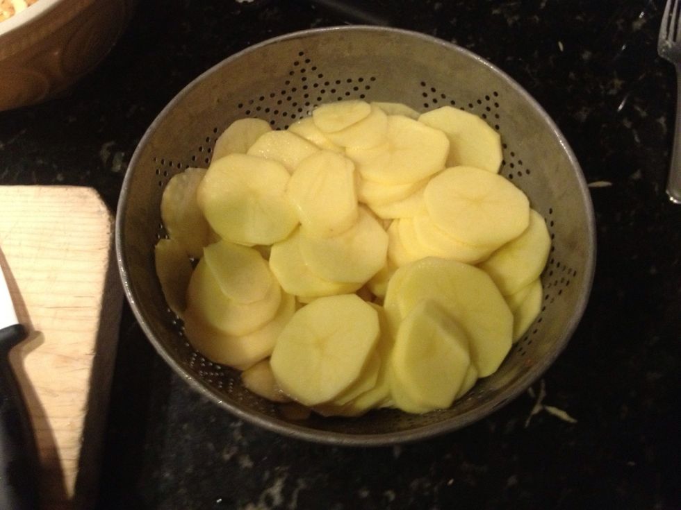 Slice potatoes into uniform thickness. If you're a novice with a chefs knife use a mandalin to speed up the process.