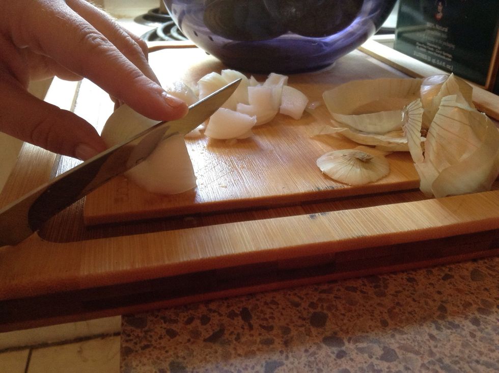 Slice quarters into square pieces (size of onion is up to preference; bigger is better if you like flavor but want to be able to avoid consuming whole pieces, and vice versa)