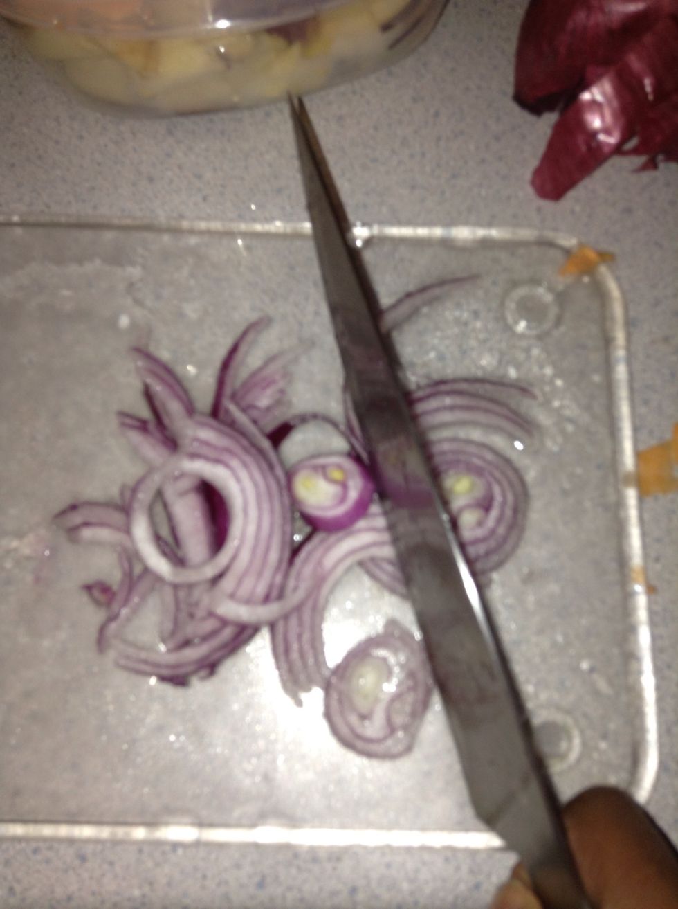 Slice red onion into half... ( to avoid your eyes watering do one of these two things or both- rinse the surface of the onion under running water and/ or light a candle before cutting it ).. Chop fine