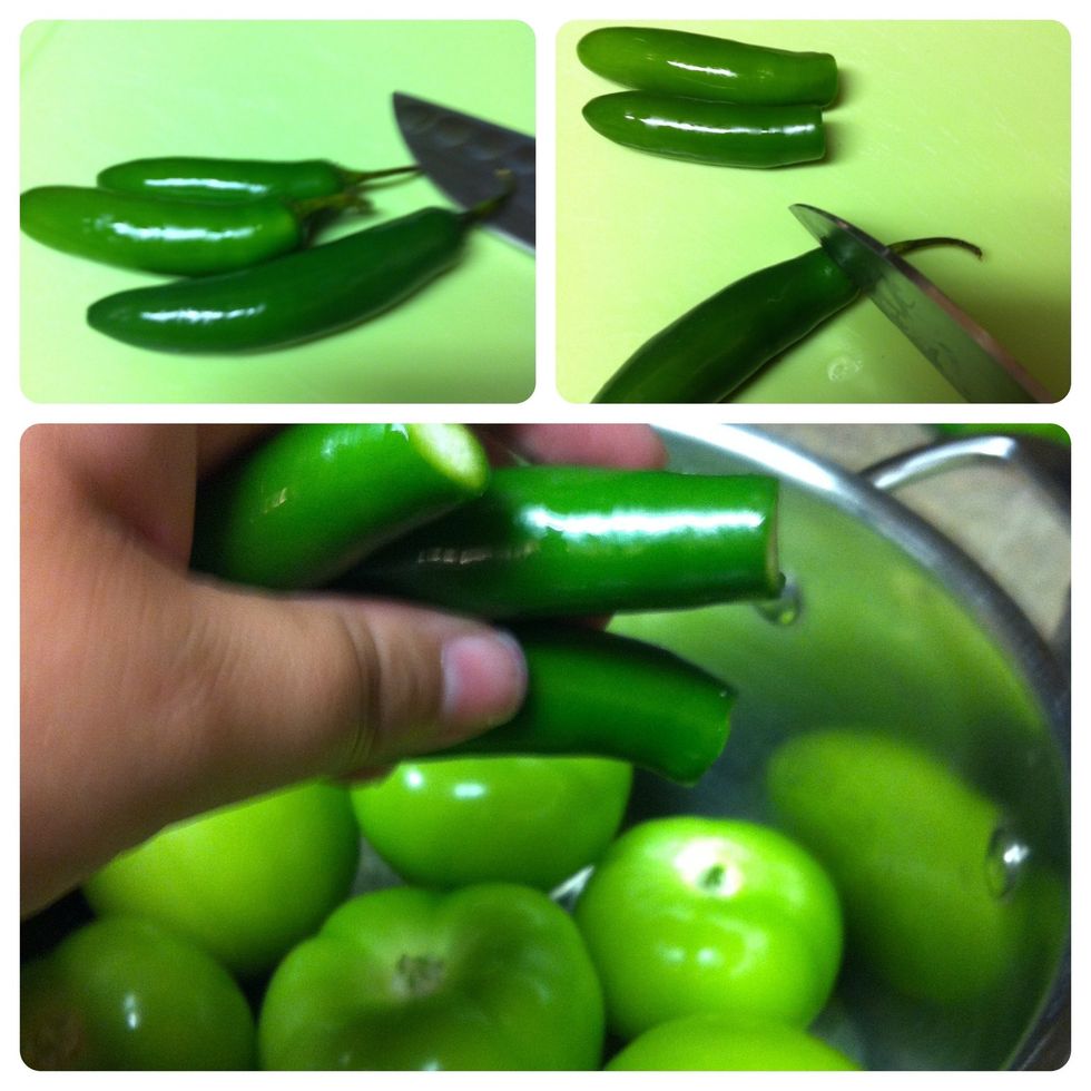 Slice Serrano pepper tops, add to pan. 1 pepper for mild, 2 peppers for medium, 3 peppers for HOT!