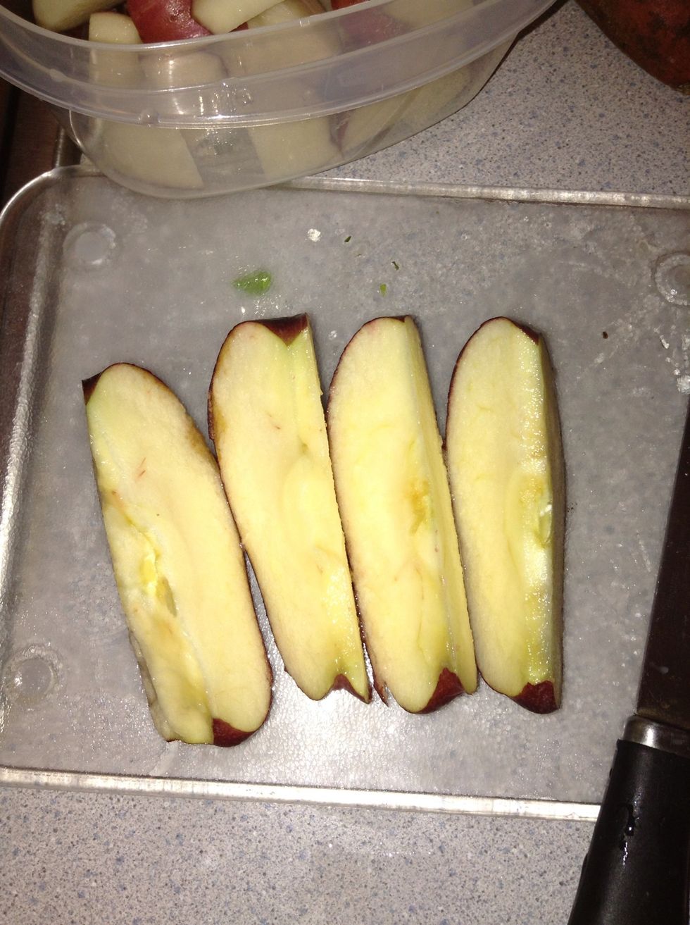 Slice that half into 4 pieces and cut them up into smaller pieces like you did with the potatoes