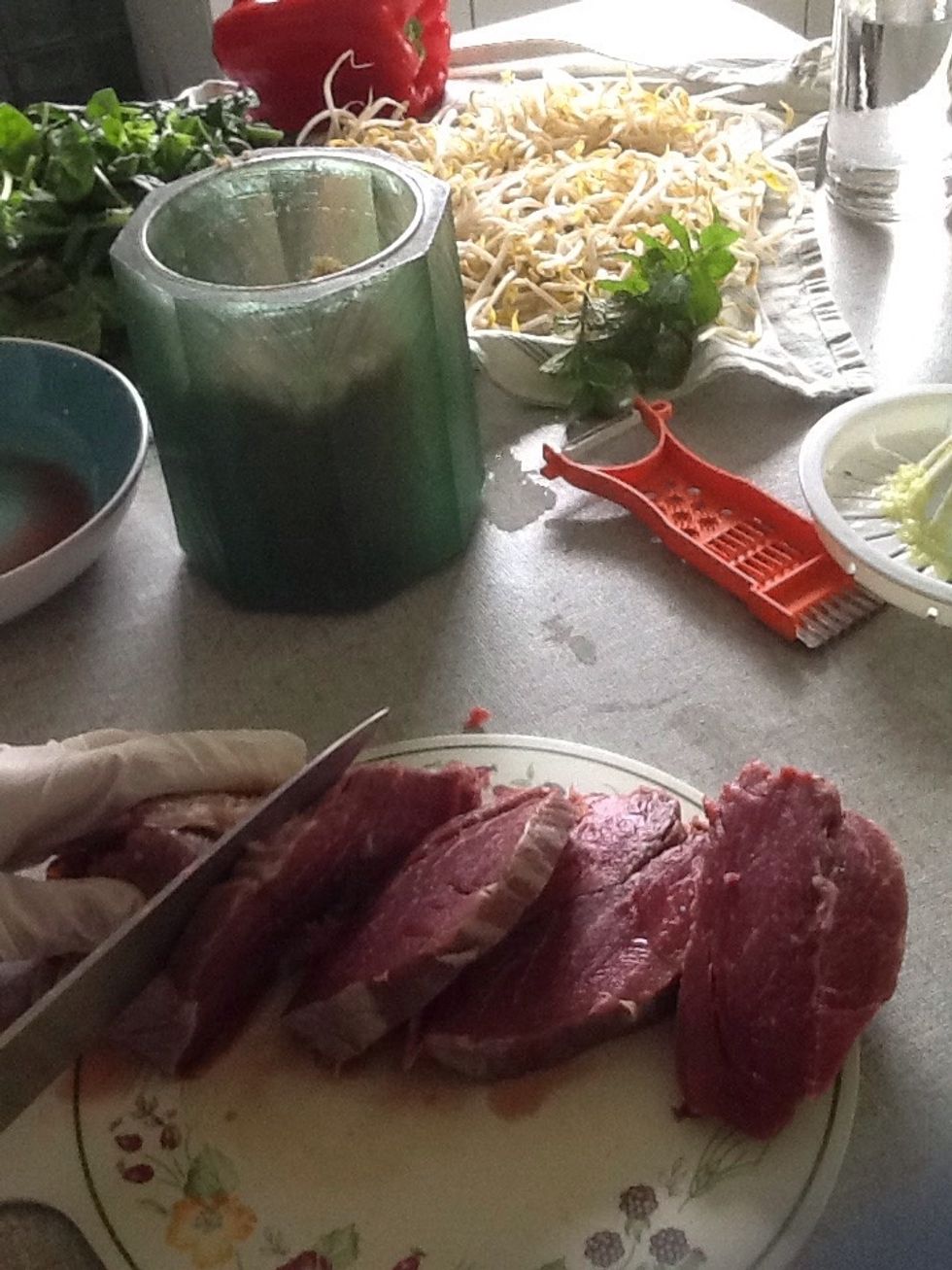 Slice the beef in measurements of 1cm apart. \ud83d\udd2a