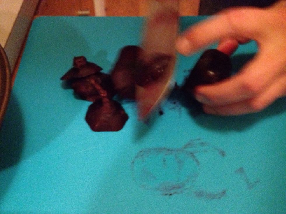 Slice the beetroots on a cutting board that you don't mind getting red.