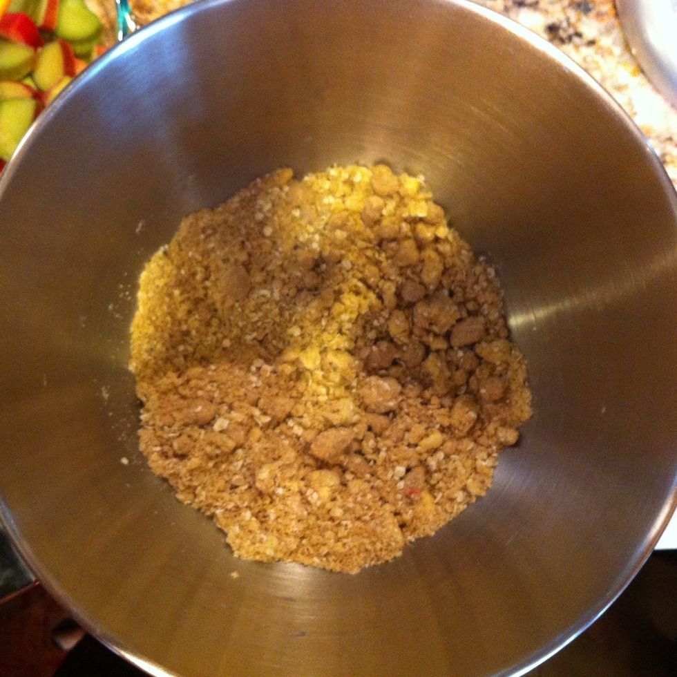 Slice the butter into the ingredients moistening all.