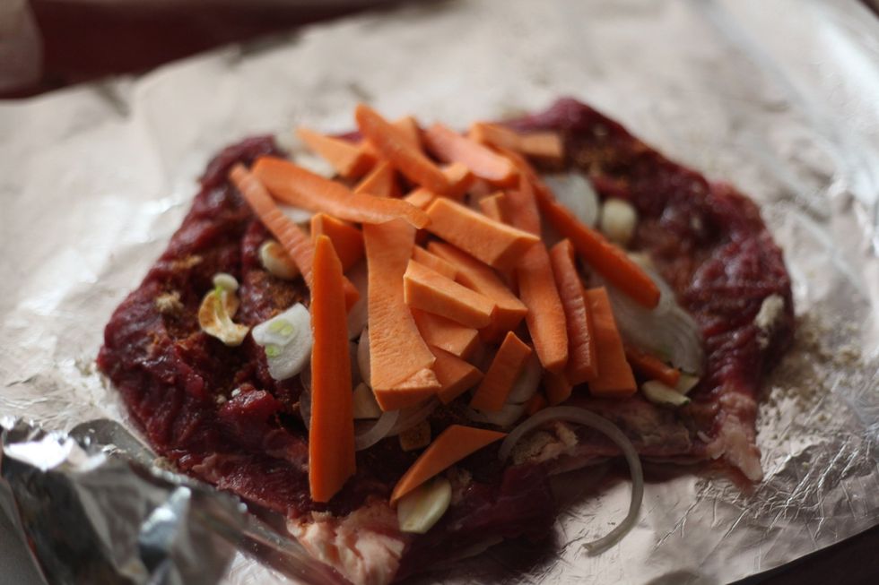 Slice the carrots into thin slices and add them to your pile of Vegetables.