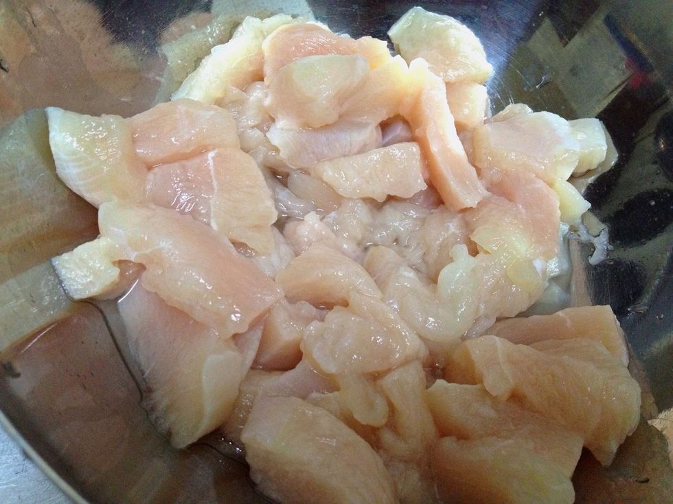 slice the chicken breast into bite-size pieces (note: you may substitute chicken with pork or fish. the rest of the recipe is still the same)
