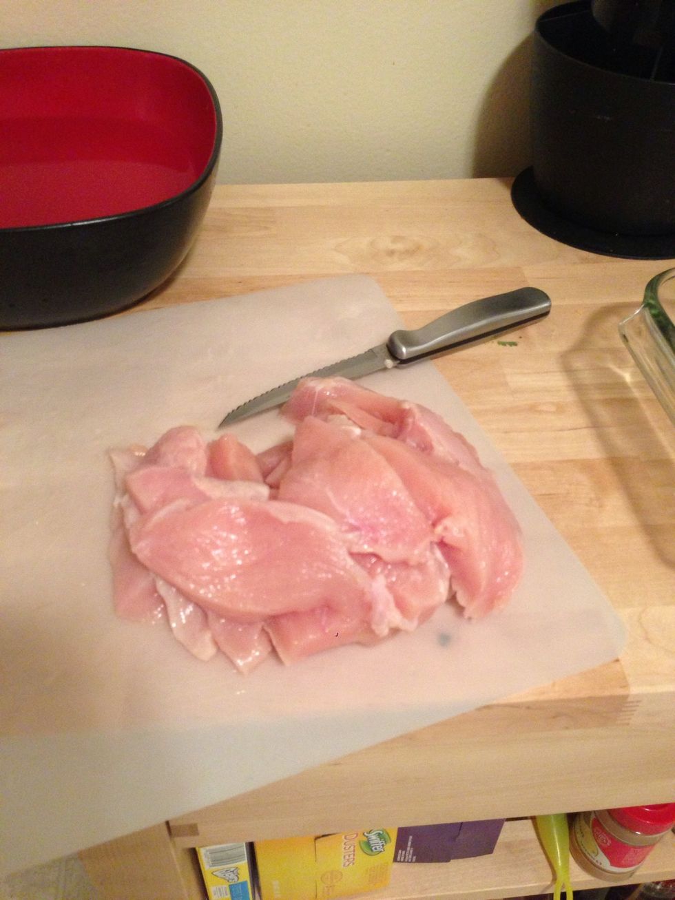 Slice the chicken into strip sized pieces.