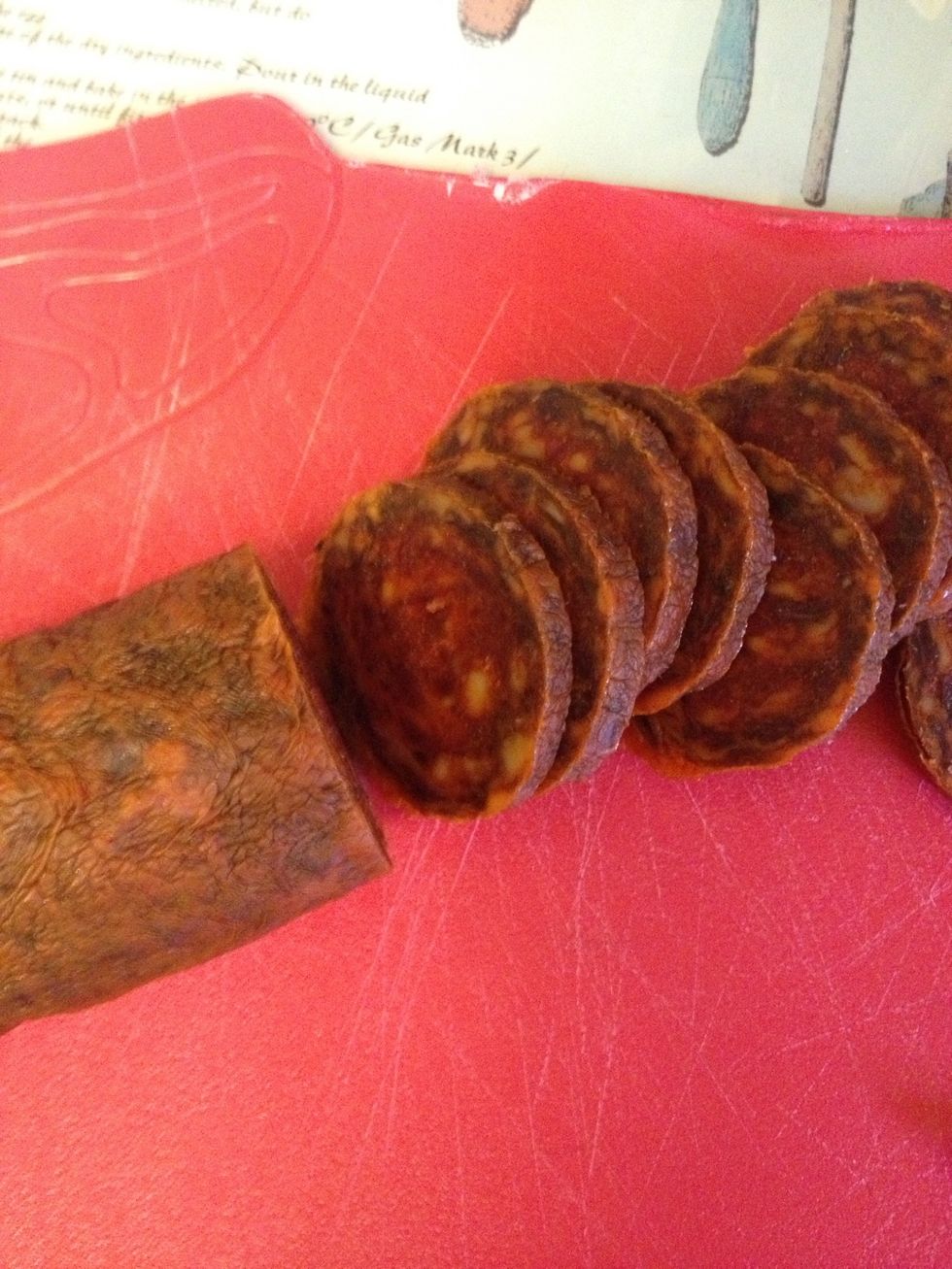 Slice the chorizo to 1cm thick slices. I used Hungarian homemade salami from my uncle but any sort of hard salami/chorizo will do.