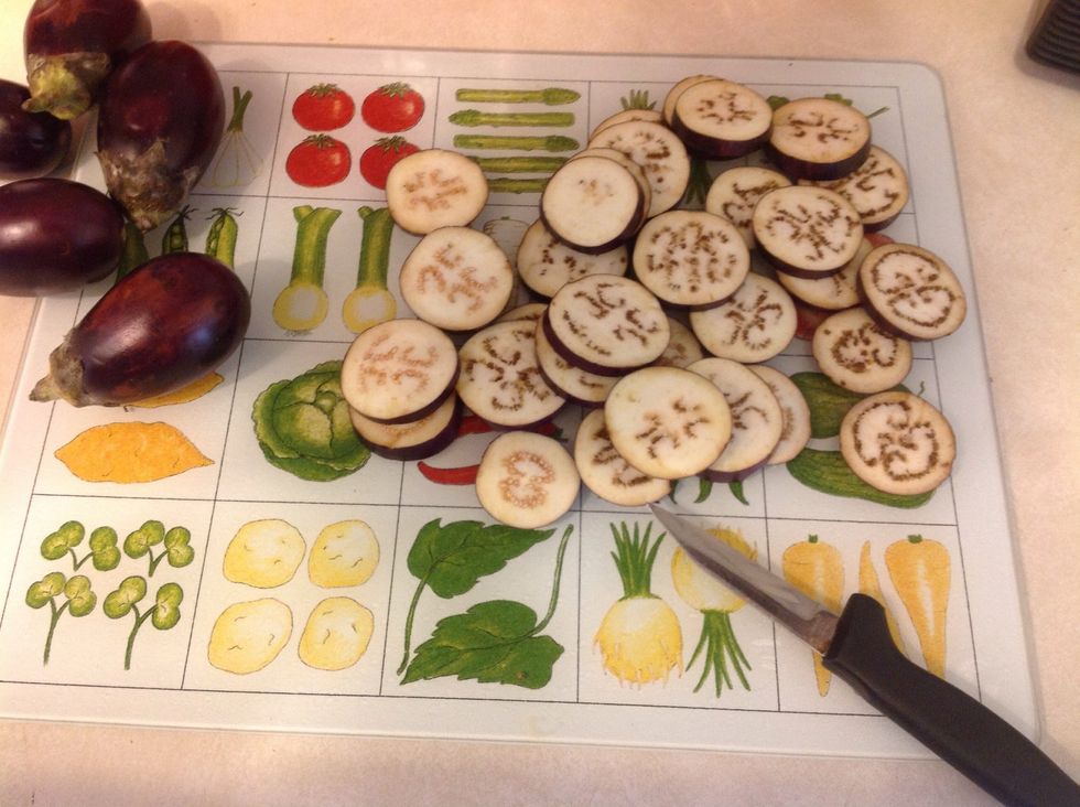 Slice the eggplant into 1/4" rounds (I don't use the ends of the eggplant).