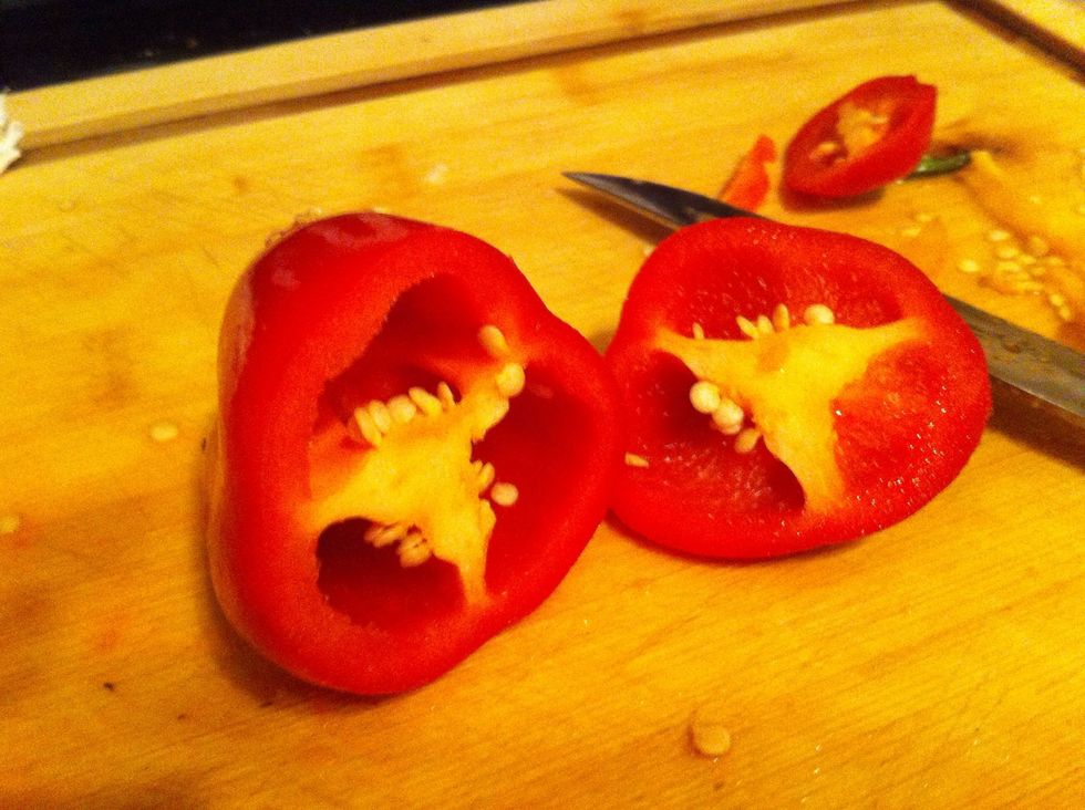 Slice the ends off of peppers and pull out the bit with the seeds from the middle; then slice into strips