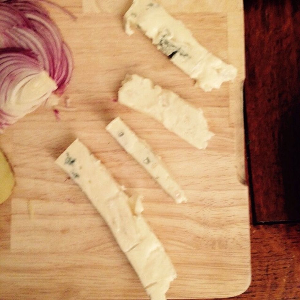 Slice the gorgonzola as well. Feel free to use any sharper blue cheese if you want.