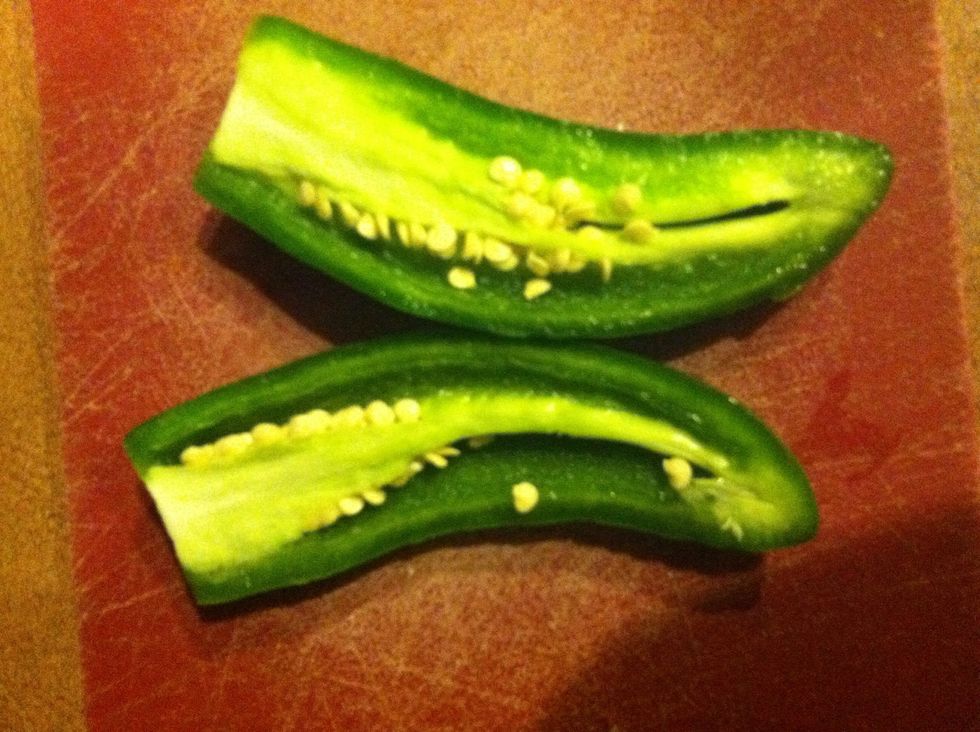 Slice the jalape\u00f1o in half & discard the stem. Now get a spoon & scrap out the seeds & any skin inside\u27a1