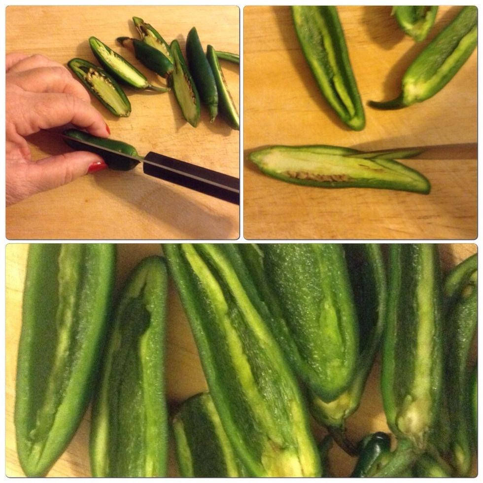 Slice the jalape\u00f1os lengthwise. Remove seeds, stems and membrane.