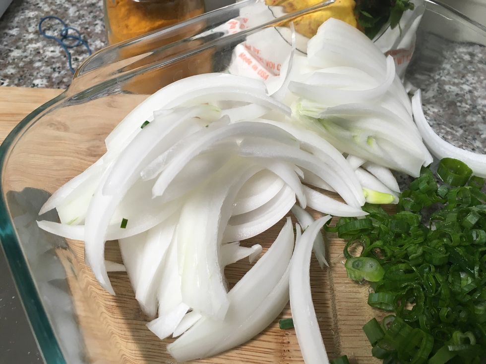 Slice the onion into 1/4in wedges and set aside.