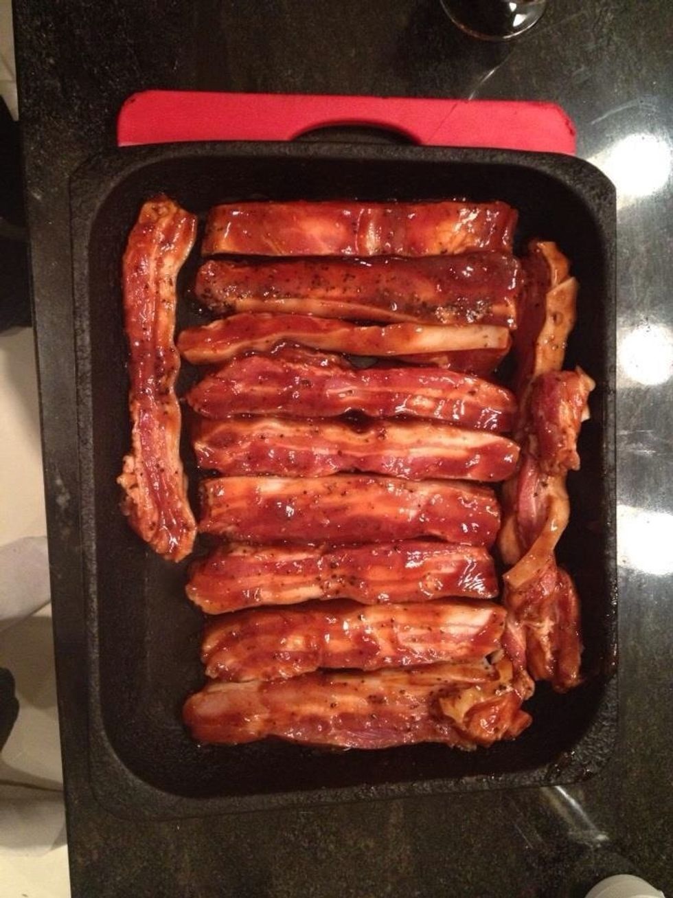 Slice the pork belly and cover in the marinade.