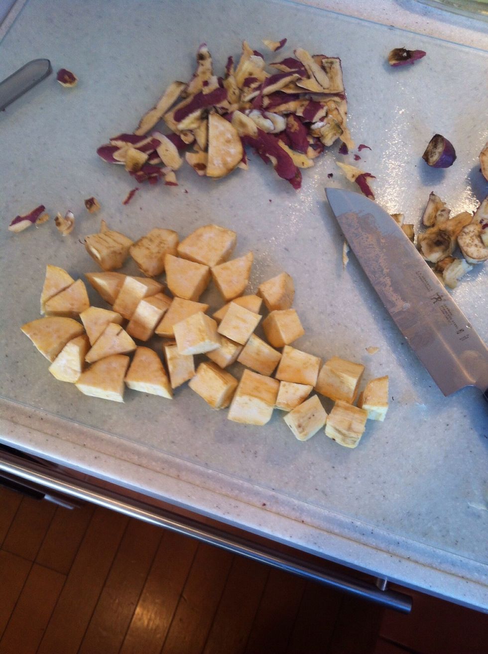 Slice the sweet potato into wedges. (Sweet potatoes are harder than regular potatoes, so this definitely requires a sharp, large knife)
