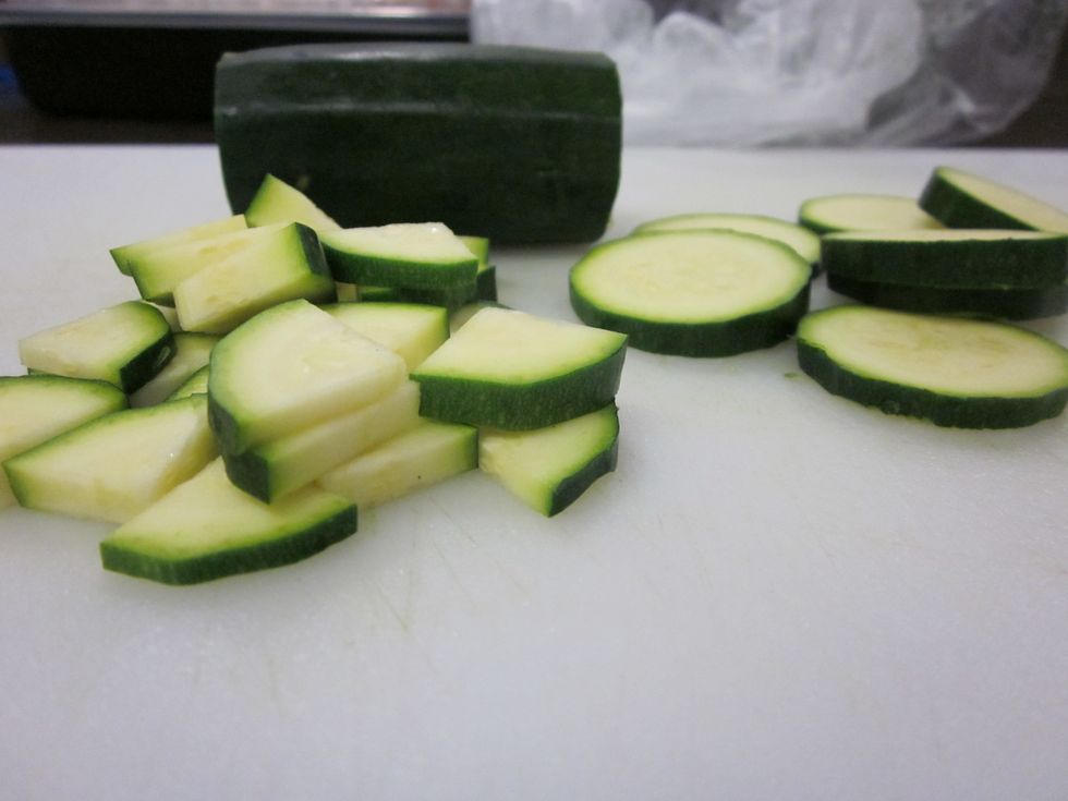 Slice the zucchini and then slice into 4 quarters.