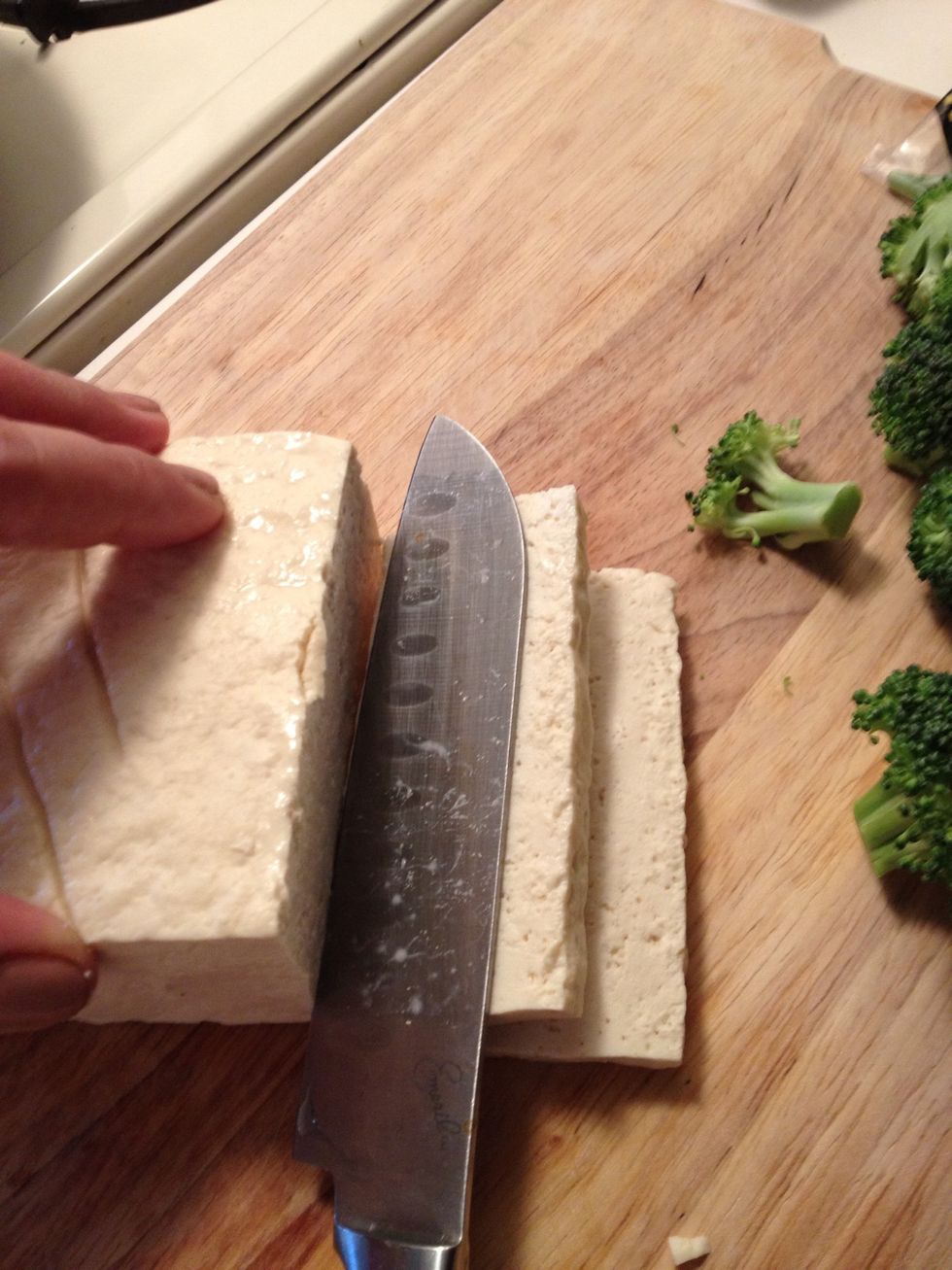 Slice three wedges off your block of firm tofu. About 1/3 inch thick