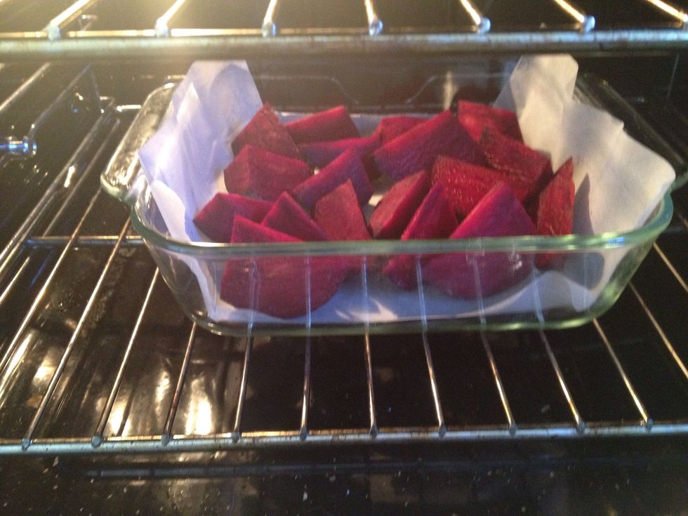 Slice tops off beetroot arrange loosely in a dish and DRY ROAST for 20mins