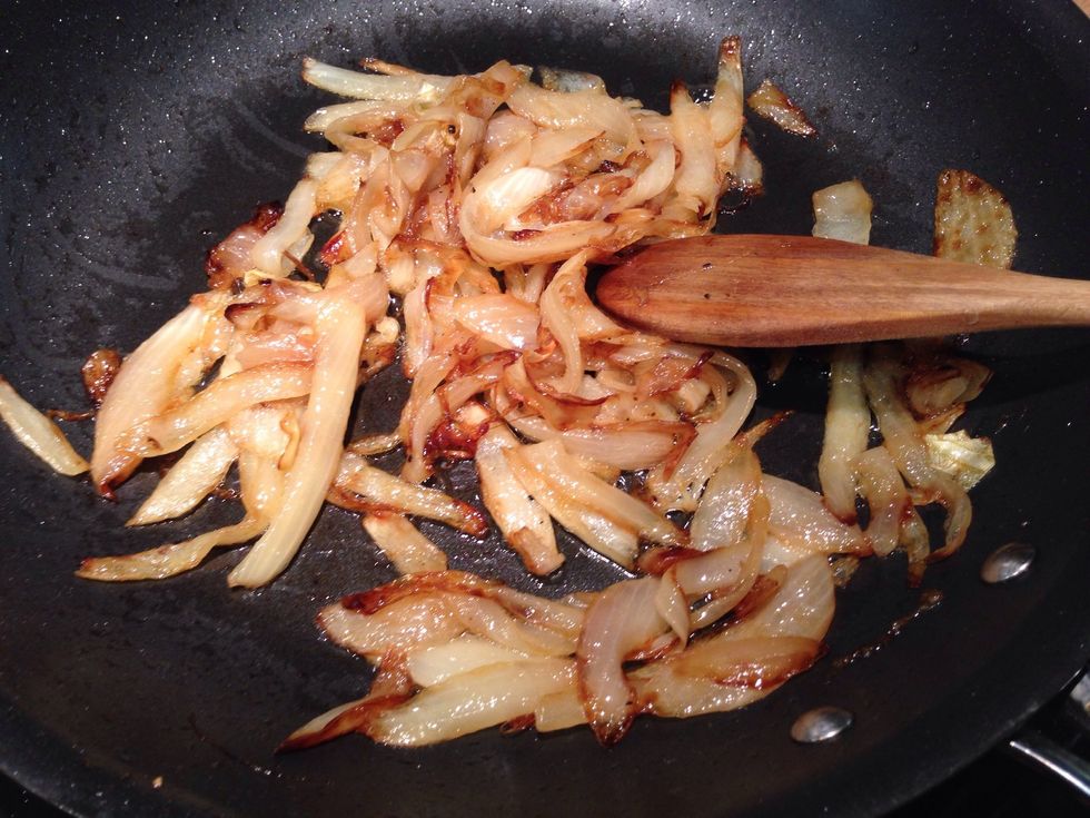Slice up an onion and cook until reduced by half over low heat in a few tablespoons of EVOO. Stir often to keep from burning. I used a large sweet onion with a touch of black pepper.