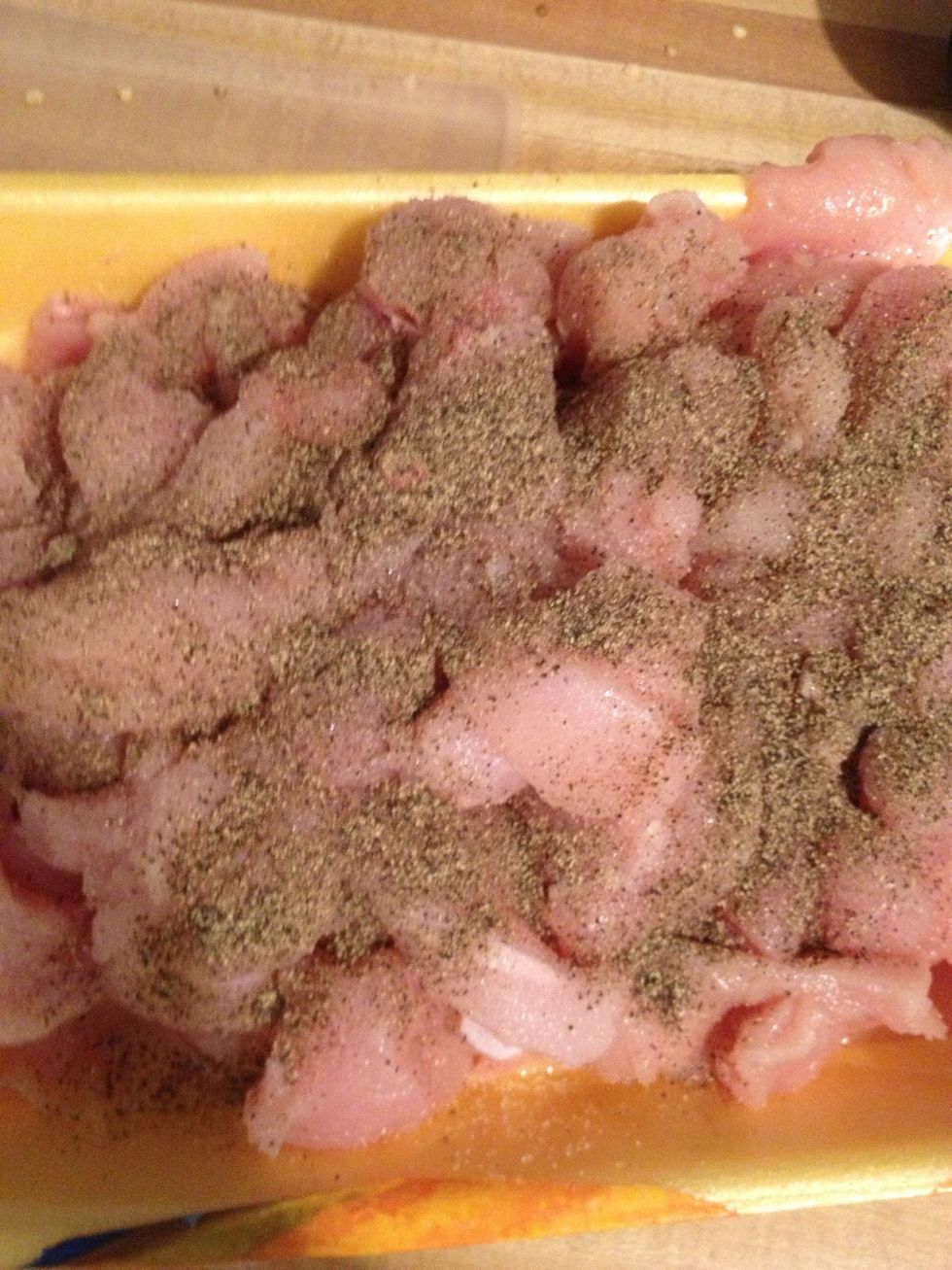Slice up the chicken, bite size strips is your goal. Salt and pepper the. Mix it all up!