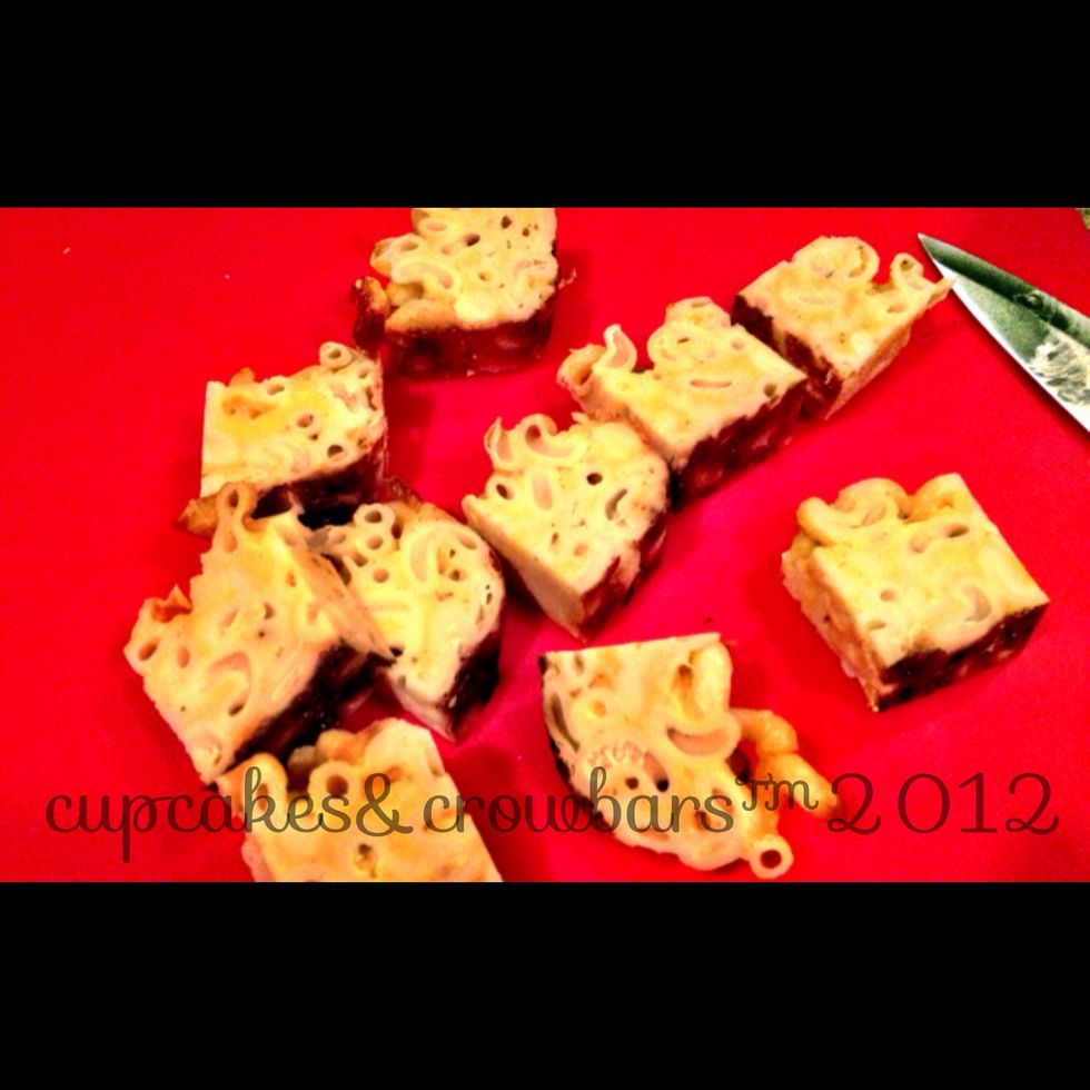 Slice up your COLD Mac & cheese into 1x2" pieces - give or take. When you fry this, it *has* to be cold (even frozen!) or it'll fall apart.