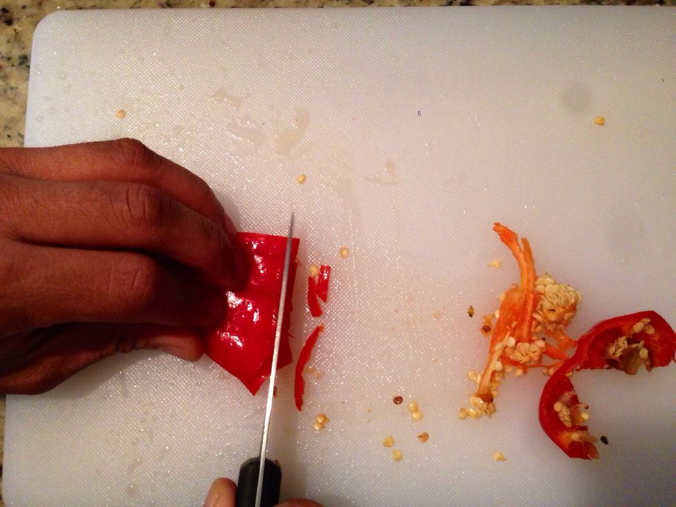 Slice up your red pepper. Make sure to remove the seeds.