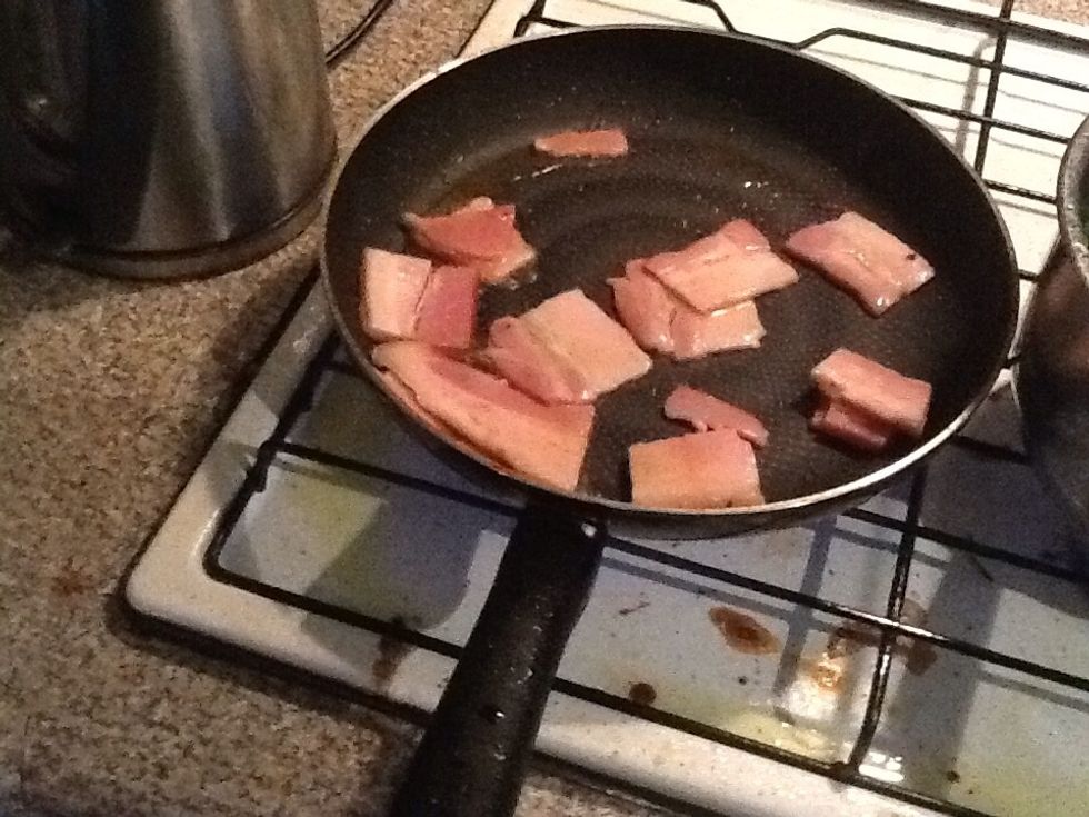Slice your bacon into small squares, then put your bacon on the pan.