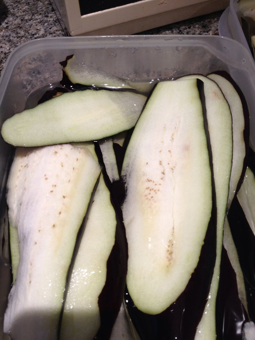 Slice your eggpants and put them in salted cold water for 5 minutes