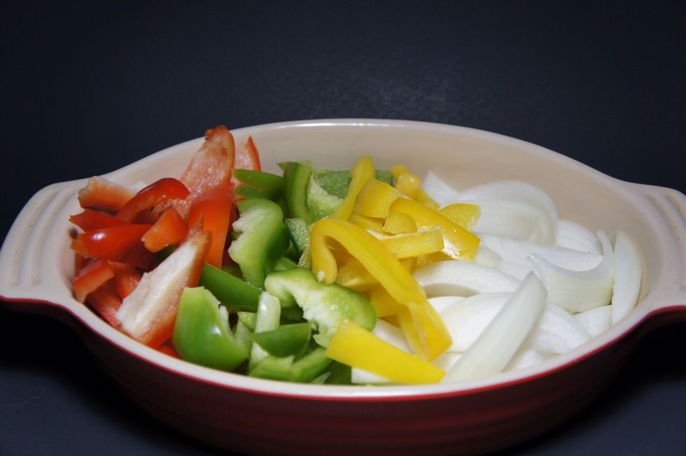 Slice your onion and peppers into 1/2 inch slices.