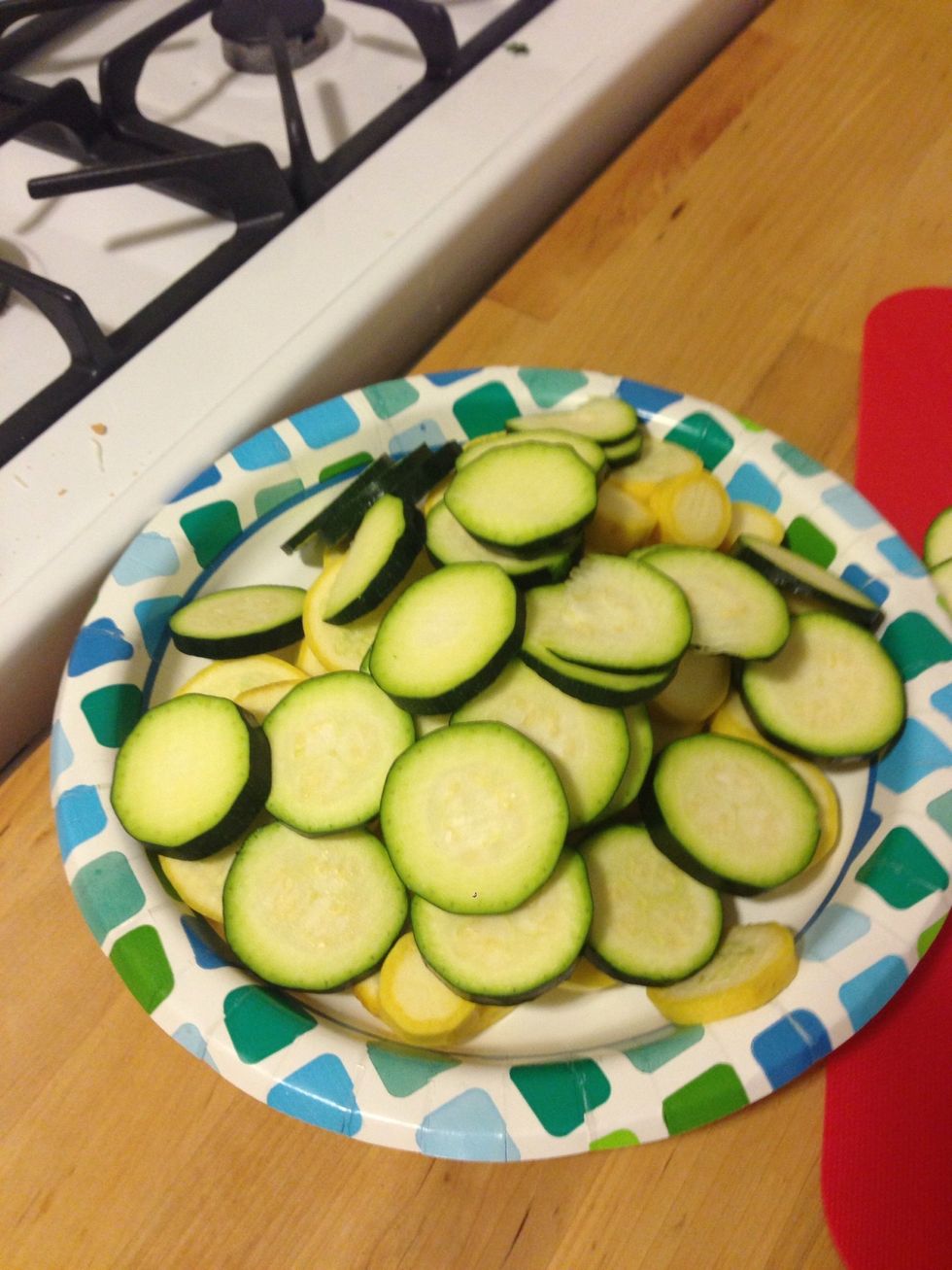 Slide your squash and zucchini. I cut up one of each, but you can make more if you want.