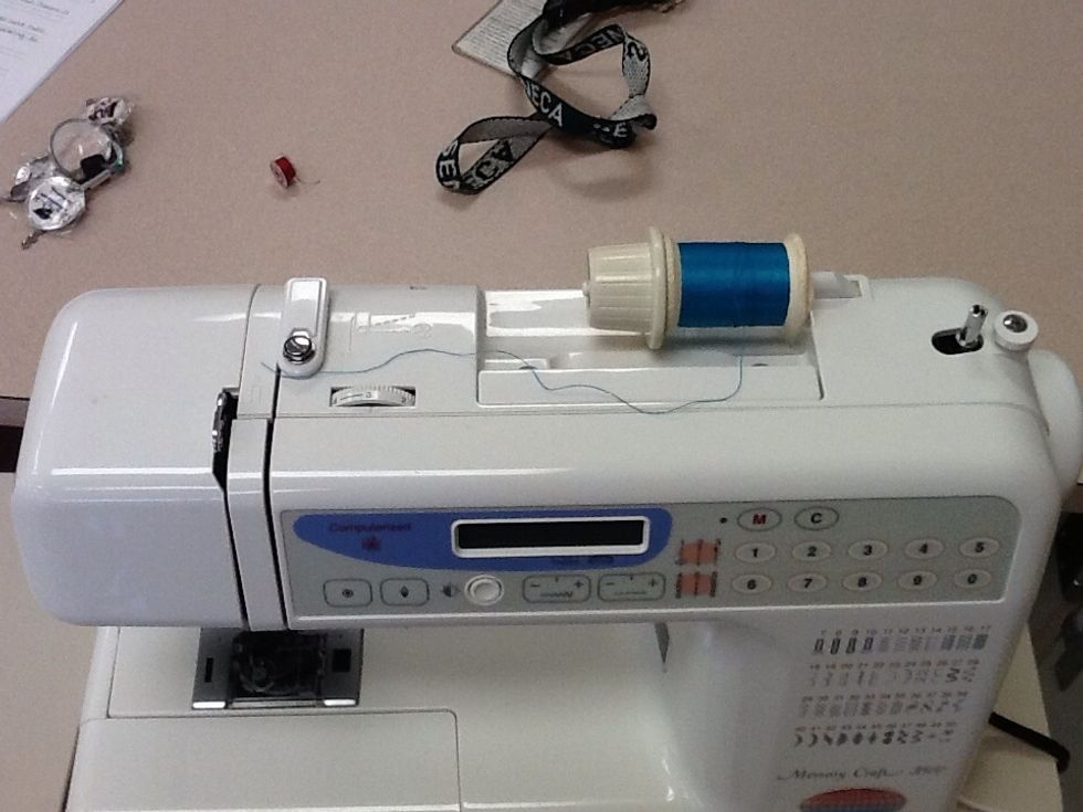 Slip thread onto holder and replace top. Pull about 3" of thread out to begin threading.