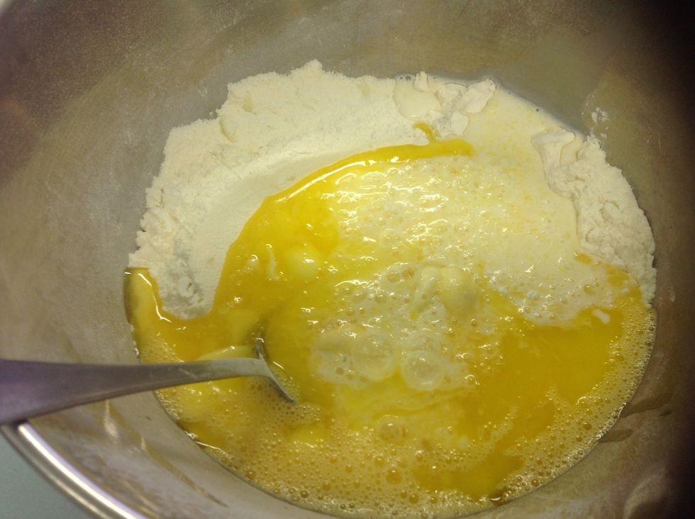 Slowly add egg, butter and milk to your dry ingredients and stir together