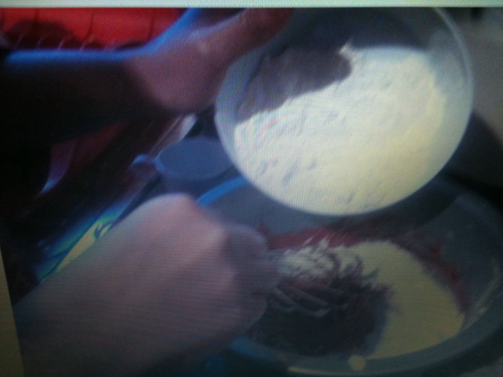 Slowly add in the flour and buttermilk whilst stirring you can use a mixer. Repeat this until all the buttermilk and flour have been mixed in thoroughly. You will end up with a smooth mixture.