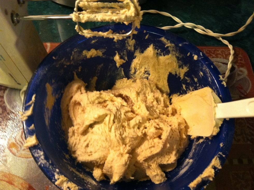 Slowly add in your dry mixture (flour, baking soda and salt) while beating                               DONT OVER BEAT/MIX...only beat until everything is combine