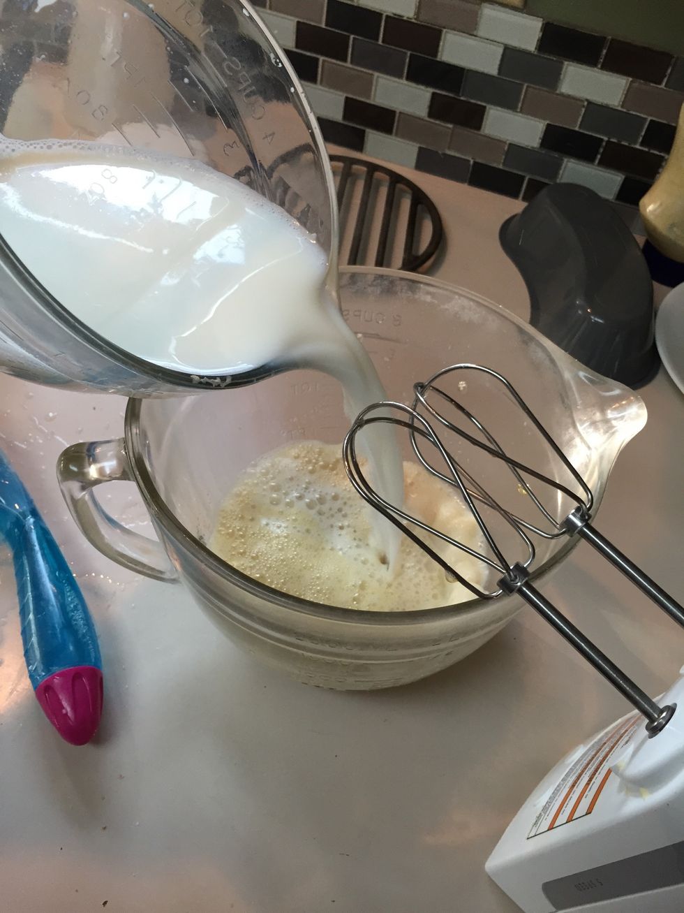 Slowly add scalded milk to your mixture and blend until smooth.