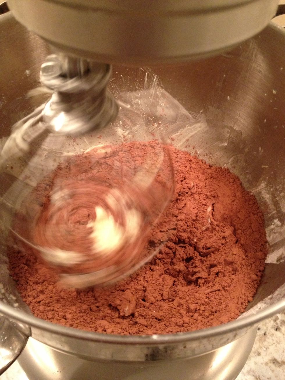 Slowly add the cocoa powder.