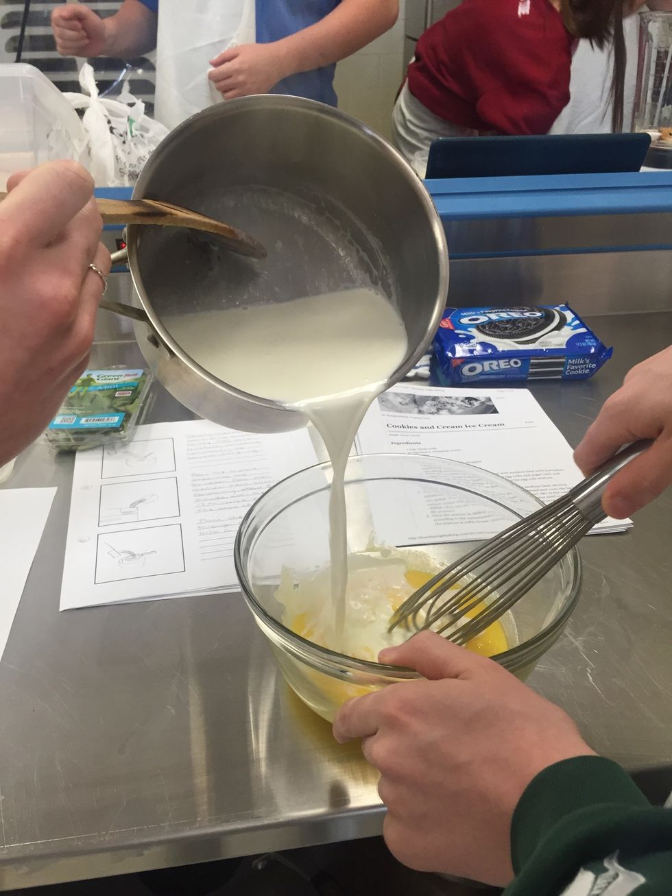 Slowly add the warm milk mixture to the egg yolk mixture, whisking constantly to prevent curdling.