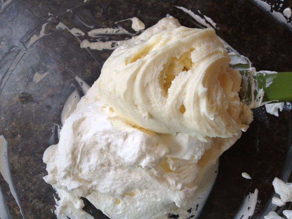 Slowly fold a bit of the white chocolate mixture into the whipped cream, being careful to not deflate the whipping cream too much.