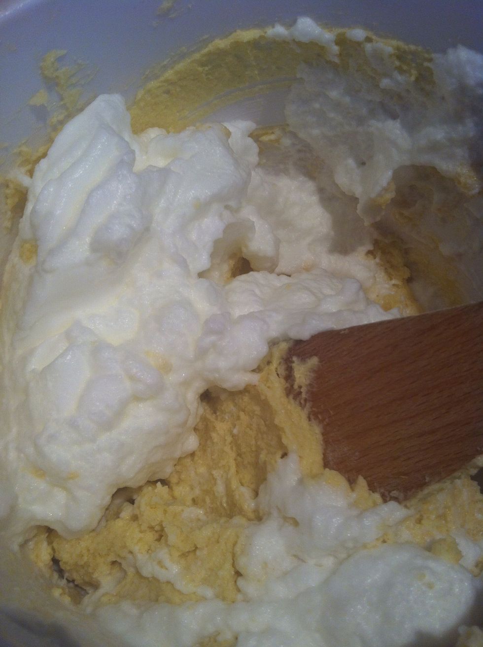 Slowly Fold the egg whites into the cake mixture.
