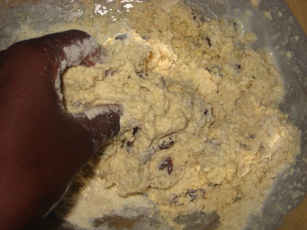 Slowly keep kneading as the dough gets sticky.