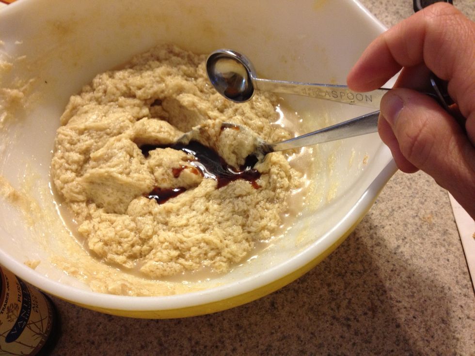 Slowly mix in 1/4 cup non- dairy milk and 1 tsp vanilla.