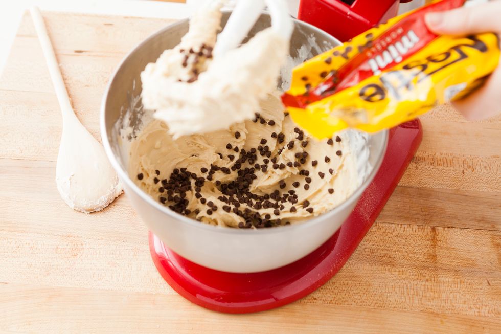 Slowly mix in your mini chocolate chips.
