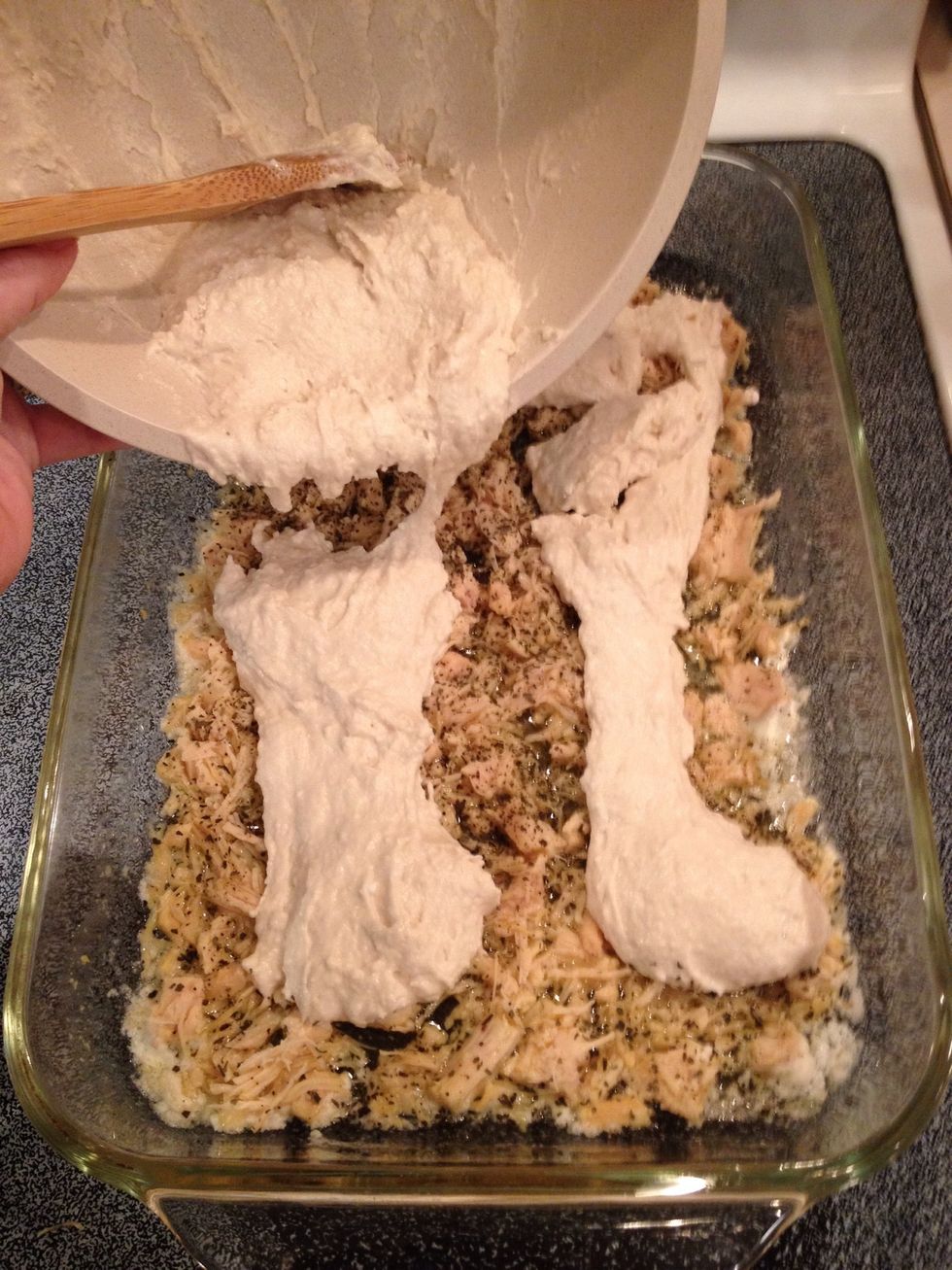 Slowly pour mix on top of chicken. Do NOT stir! Keep layers, not a mixture.