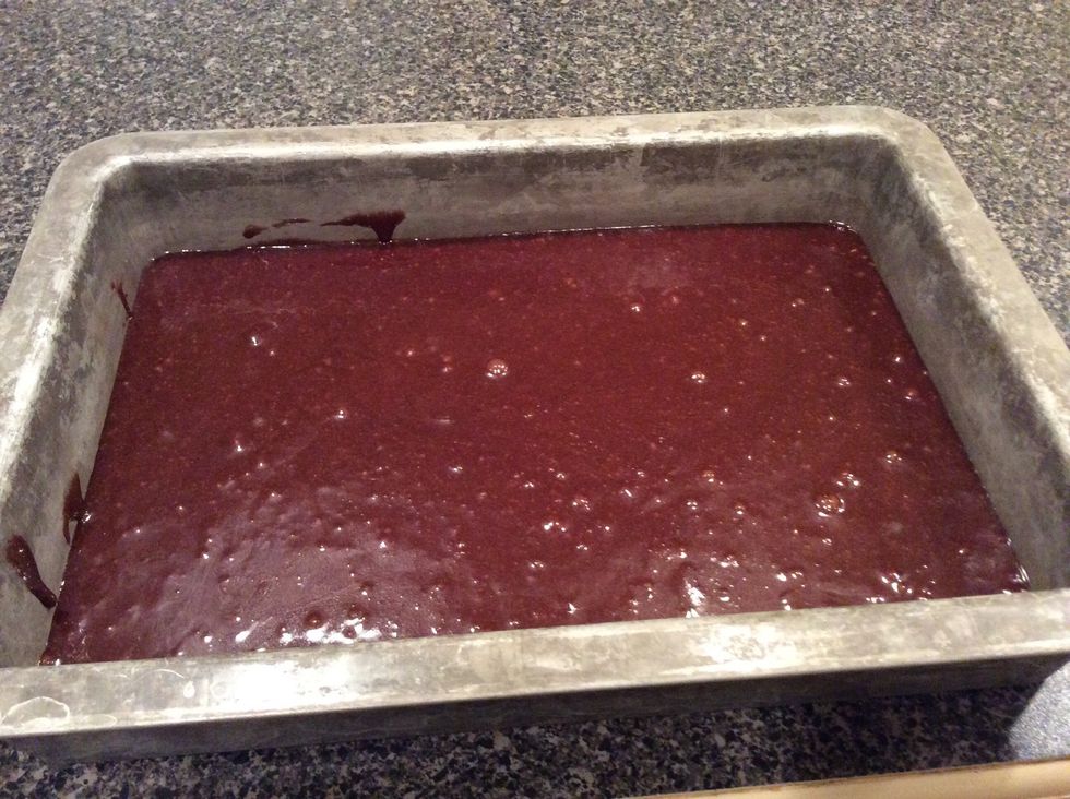 Slowly pour the brownie mixture into the pan and put it in the oven for around 25-30 minutes or until the brownies pull away from the sides of the pan.