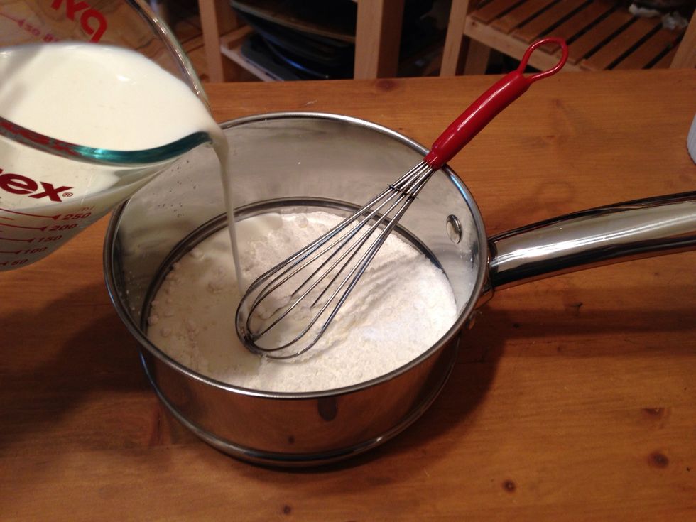 Slowly whisk in the milk, scraping the bottom and sides to mix in the dry ingredients.