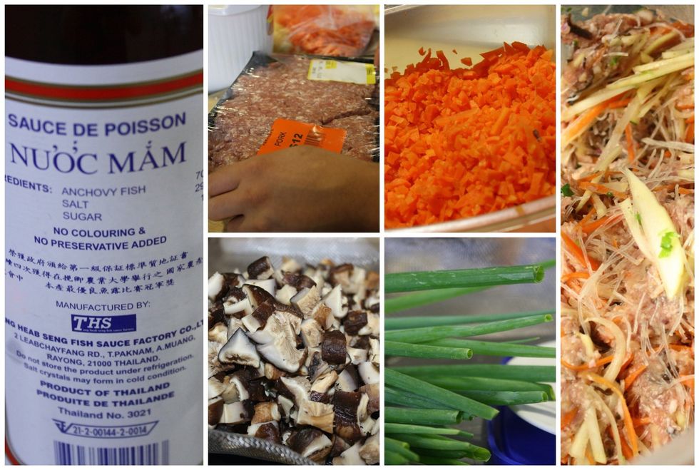 Small cut, same size: spring onion, carrot, mushroom, mix with the minced pork