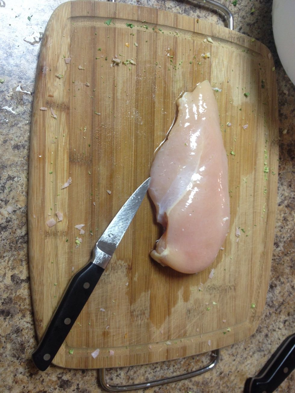 Small knife. Cut a cavern into chicken. Smaller opening.