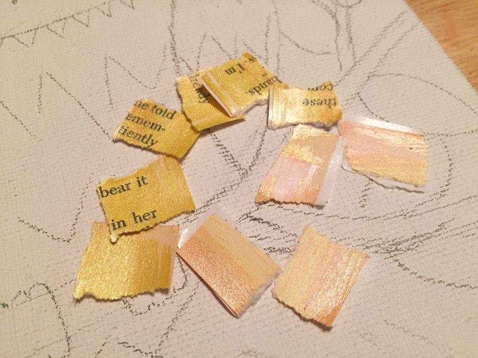 small pieces make it easier to fit them into the sections of your collage. use a mixture of the painted and whitened sheets to add shading.